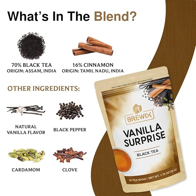 BREWIX, Vanilla Spiced Chai Tea (25 Pyramid Tea Bags) | High Caffeine, Gluten Free | Blend Of Vanilla & Masala Chai Tea | Black Tea with Cinnamon, Black Pepper, Cardamom and Clove | Energy & Focus Tea