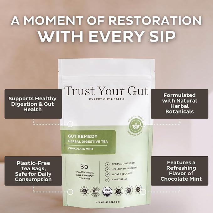 Trust Your Gut Organic Herbal Tea Blend – Lemon Balm, Holy Basil, Dandelion & Ginger Root – Supports Healthy Digestion & Gut Balance – Chocolate Mint, 30 Bags