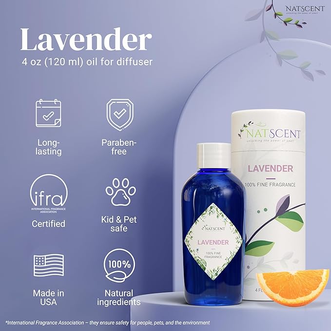 Lavender Essential Oils for Diffusers for Home, Nature-derived Lavender Essential Oil, Long-Lasting & Family-Friendly Diffuser Oils Scents, IFRA Certified, Cold Air & Ultrasonic - 4 oz