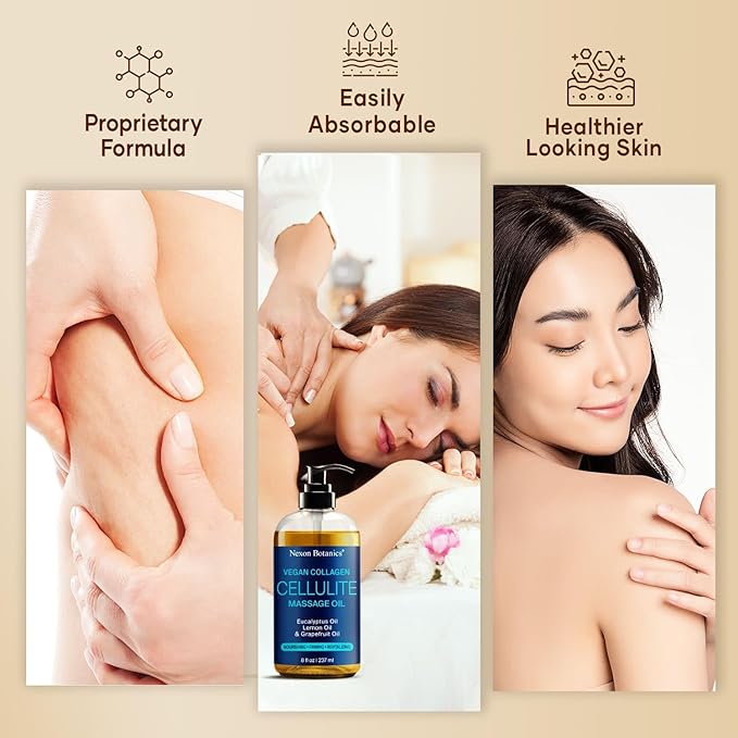 Anti-Cellulite Massage Oil for Massage Therapy 8 fl oz - Refreshing and Relaxing - Natural Oils with Vegan Collagen and Stem Cells - for Men and Women - Nexon Botanics