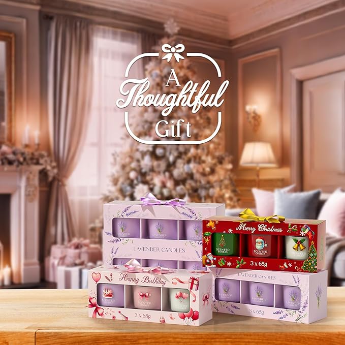 Lavender Candle, Scented Candles Gift Set for Stress Relief, 6 Votive Candles for Women and Men, Birthday Candle Gifts for Women, Christmas Candles for Women (Purple, 14 oz)