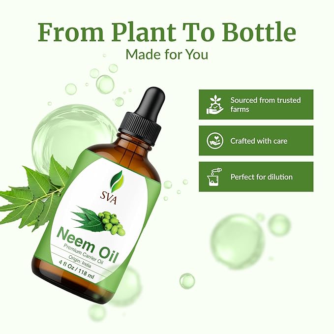 SVA Neem Seed Oil - 4 Fl Oz – 100% Natural Cold Pressed Neem Oil - for Face, Skin Care, Hair Care, Scalp Massage & Body Massage – Carrier Oil with Dropper