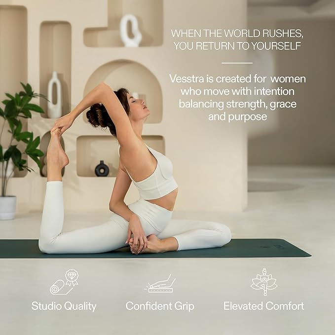 Vesstra Premium Yoga Mat – 4mm I Sweat-Activated Non-Slip PU Grip I Natural Rubber Base for Yoga, Pilates and Fitness