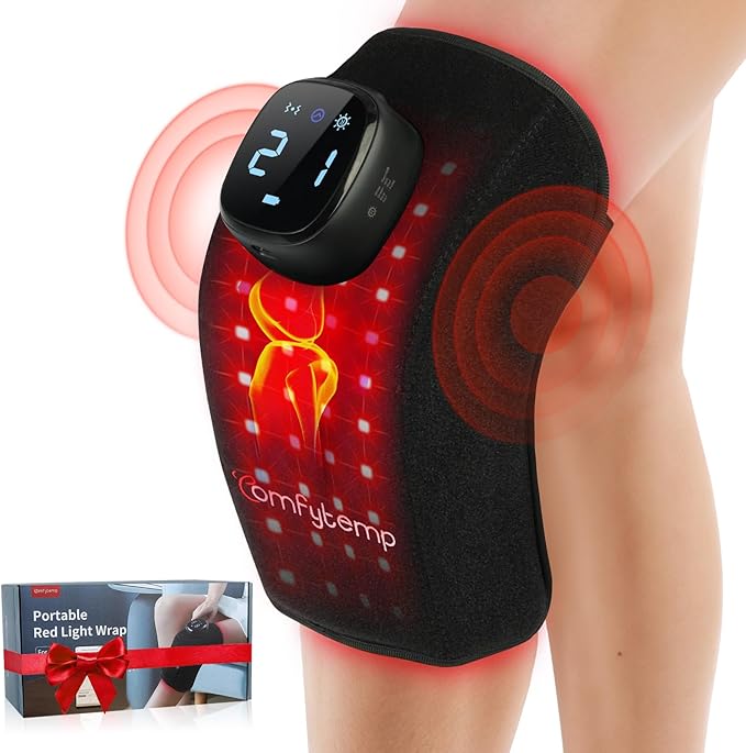 Comfytemp 3D Red Light Therapy Knee Wrap with Vibration Massage, FSA Eligible HSA Cordless 5000mAh Heated Knee Massager, Near Infrared Light Brace for Knee, Valentines Day Gifts for Her, 660nm & 850nm