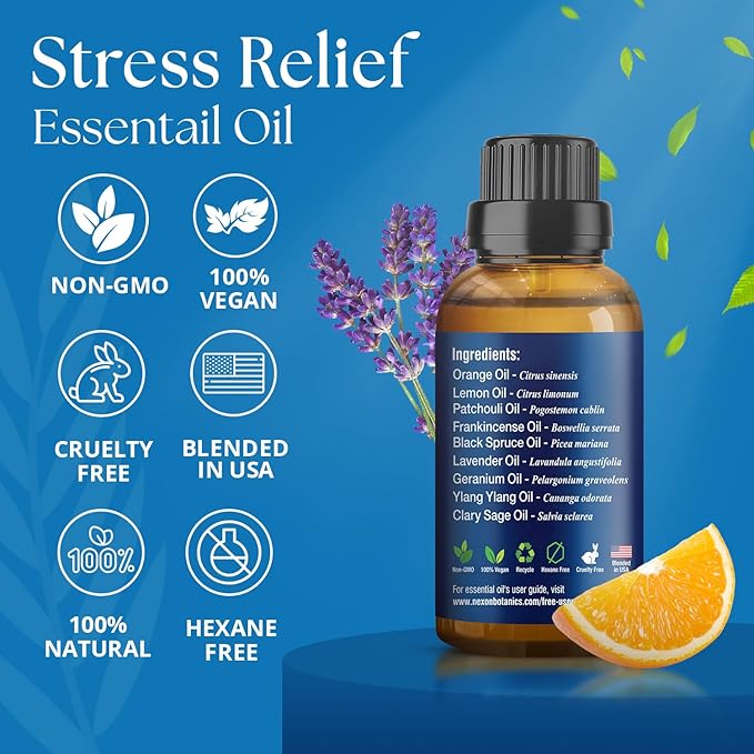 Stress Relief Essential Oil Blend 30 ml - Stress Relief & Calm Essential Oil for Diffusers & Aromatherapy - Promotes Relaxation & Rest - Nexon Botanics