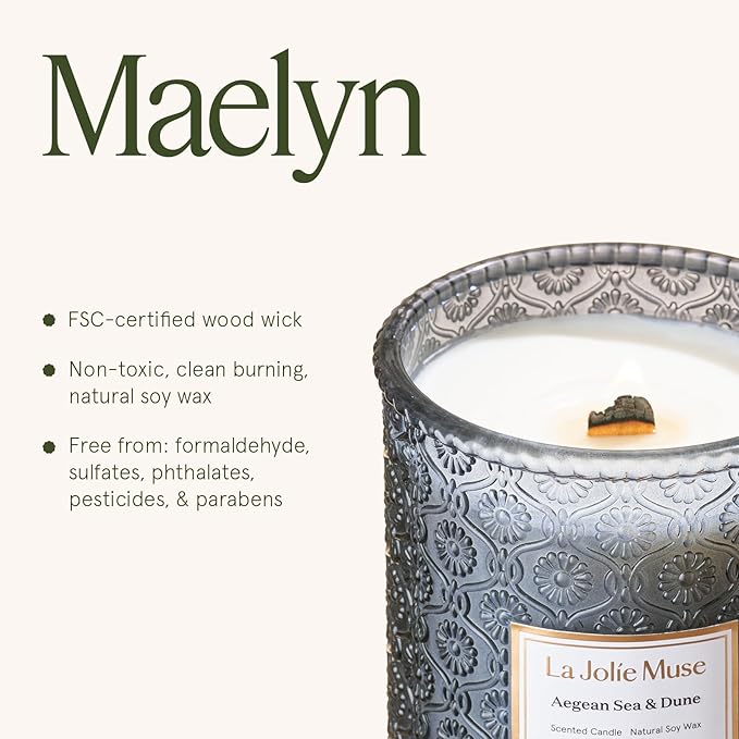 LA JOLIE MUSE Aegean Sea & Dune Candle –Cool Water, White Florals & Warm Amber | 19 oz Large Wooden Wick Candle | Natural Soy Wax | 90 Hours Clean Burn | Gift-Ready for Hosts & Gatherings