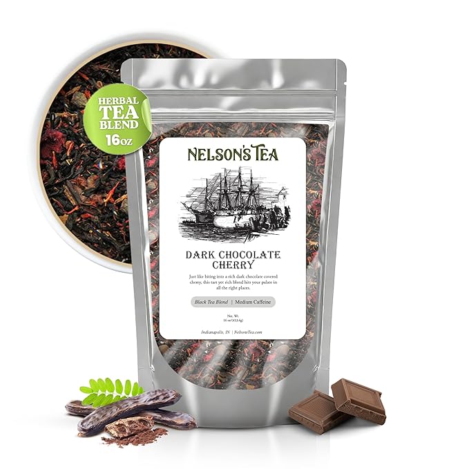 Nelson's Tea Dark Chocolate Cherry - Rich blend of Pu-erh Black Tea, Chocolate Chips, Wild Cherry Bark, Dried Cherries Herbal Loose Leaf Tea - 16oz