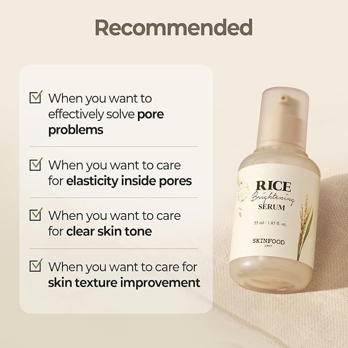 SKINFOOD Rice Serum, 48 Hours Fermented Rice Water Skincare Korean Serum for Face, Korean Rice Skincare for Natural Glow Glass Skin, Pore Minimizer, Rice Water Bright, 55ml/1.86fl.oz.