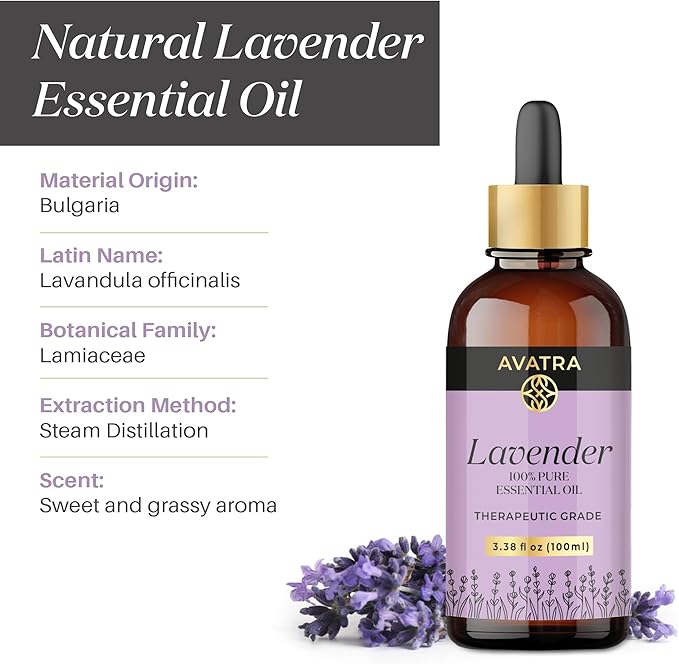 Avatra Essential Oil with Glass Dropper and Travel Bottle - 100% Pure and Natural - Essential Oils for Diffuser, Aromatherapy, Soap and Candle Making, Lavender Essential Oil, Lavender Oil, 3.38 Fl Oz