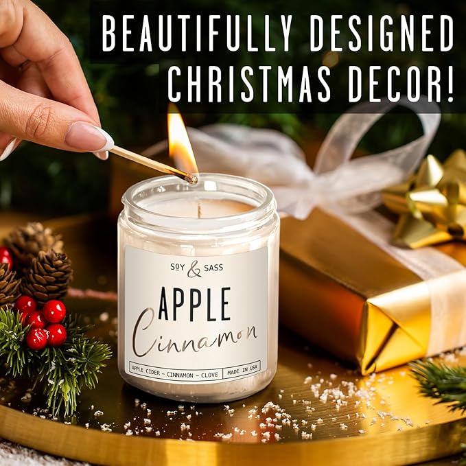 Apple Cinnamon Candles, Cinnamon Apple Candle - 'Apple Cinnamon' Infused w/Essential Oils I Scented Strong Soy Candles for Home for Christmas/Fall I Apple Pie Candle I 50Hr Burn, Made in USA