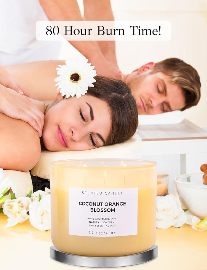 Coconut Orange Blossom 3 Wick Soy Candle, 15.8 oz - Tropical Coconut Scented Candle for Aromatherapy Stress Relief - Clean Burning, Long Lasting, Highly Scented Soothing Candles for Home