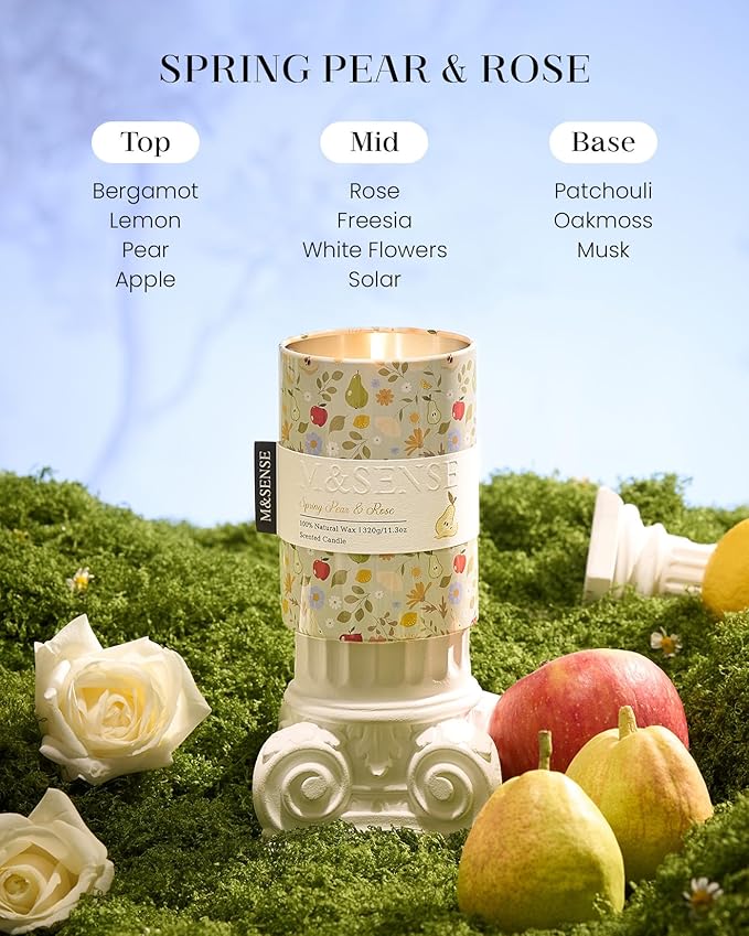 M&SENSE Spring Pear Rose Scented Candle, Medium Jar Candle 11.3oz Natural Soy Wax for Home Scented, Floral Candles Gift for Spring Holiday, Up to 70 Hours Burning Long-Lasting Fragrance