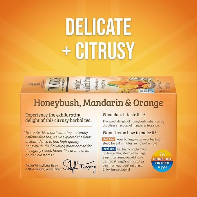 Twinings Honeybush, Mandarin, & Orange Herbal Tea Individually Wrapped Bags, 20 Count (Pack of 6), Naturally Caffeine-Free, Enjoy Hot or Iced, 120 Teabags