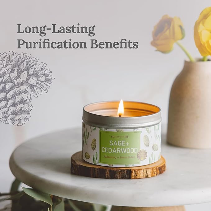 MAGNIFICENT 101 Sage & Cedarwood Scented Soy Candle - 6 Oz - 35-Hour Burn - Energy Cleansing & Stress Relief - Aromatherapy Candle & Spiritual Gifts for Women