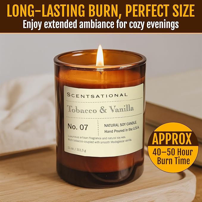 Scentsational Apothecary Tobacco & Vanilla Candle – 11 Oz Hand-Poured Soy Wax Jar Candle – Non-Toxic Luxury Candles for Home Décor & Relaxation – Warm Vanilla & Tobacco Scented Candles