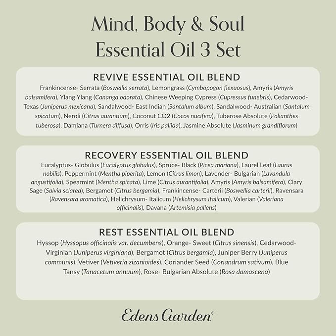 Edens Garden Mind, Body & Soul Essential Oil 3 Set – 100% Pure Therapeutic Grade, Undiluted Aromatherapy- Revive, Recovery, Rest Blends– for Natural Wellness, Humidifiers & Diffusers, 10 ml/ 3 Pack
