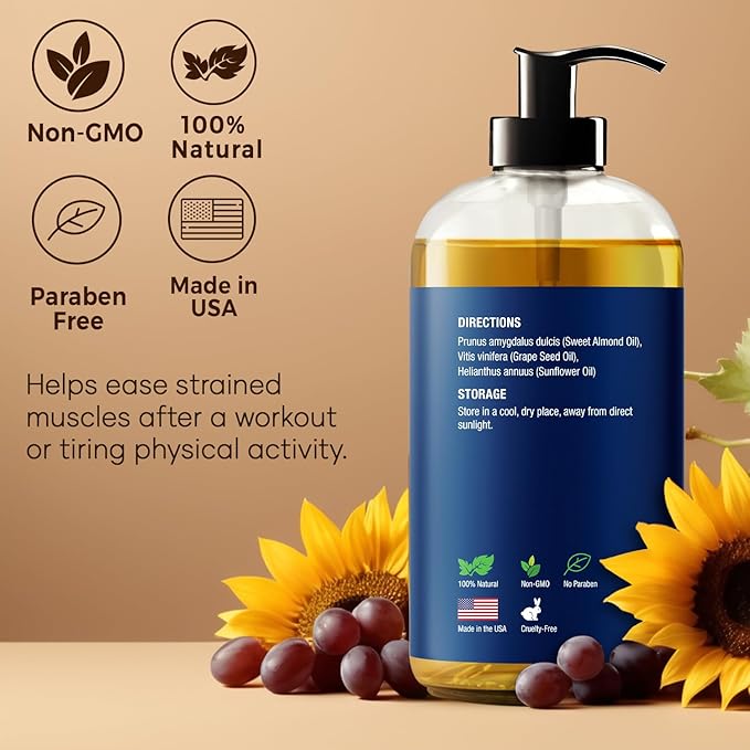 Unscented Massage Oil for Massage Therapy 8 fl oz - Refreshing and Relaxing - Natural Oils with Sweet Almond, Grape Seed and Sunflower Oil - for Men and Women - Nexon Botanics