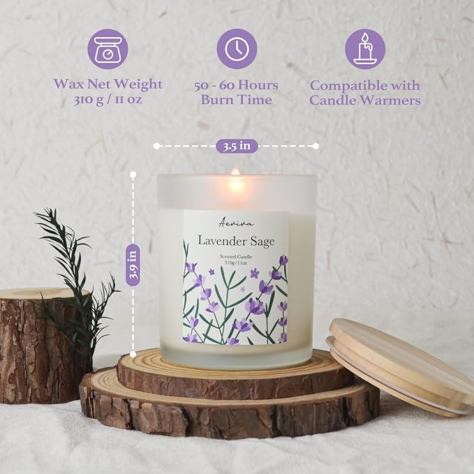 Lavender Sage Scented Candle, 11oz 60 Hour Burn, Natural Soy Wax with Thick Cotton Wick, Highly Scented Aromatherapy Candle for Stress Relief & Meditation, Gifts for Women & Men