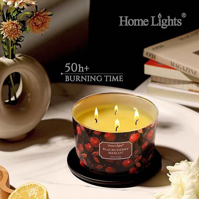 HomeLights Soy Wax Candles for Home Scented, 4-Wick Candles in Blackcherry Merlot Scented, Aromatherapy Candles Gift for Parties, Relaxing, Eclectic Mixed Styles, 18oz