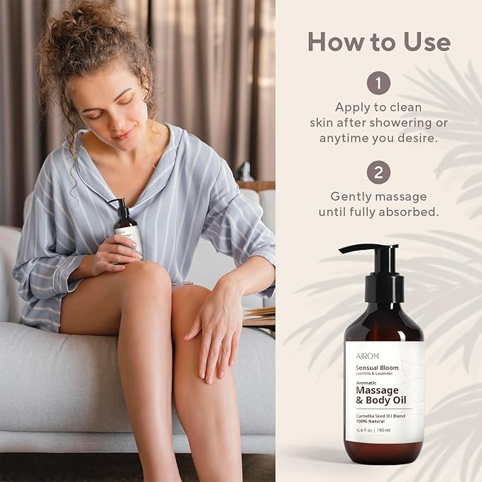 AiROM Jasmine & Lavender Massage Oil for Massage Therapy - Sensual Bloom - Scented Body Oil for Women – Hypoallergenic, Relaxing Aromatherapy, Non-Greasy, Spa Quality - Gift for Her - 6.4 fl oz