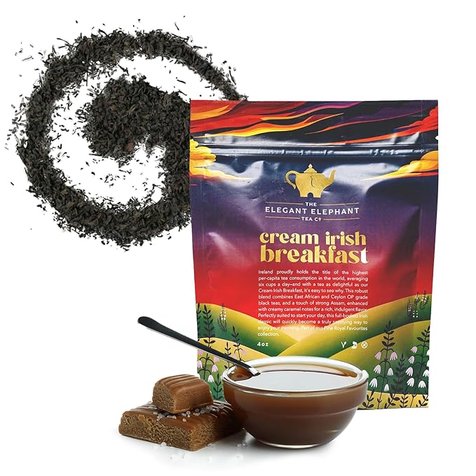 Cream Irish Breakfast Tea, Loose Leaf Black Tea – Irish Classic with Caramel & Strong Assam – Robust, Full-Bodied – Drink Hot or Iced – 4 oz Resealable Bag (Makes 50 Cups) – The Elegant Elephant