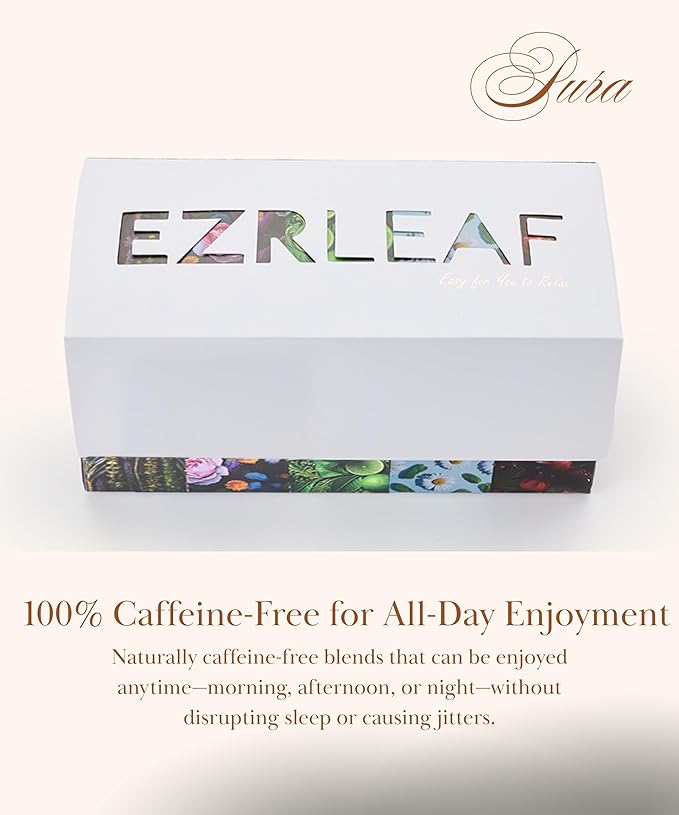Decaf Herbal Tea Sampler – EZR Leaf 22ct Caffeine-Free Pyramid Bags, Assorted Fruit & Floral Blends with Lemon Verbena, Chamomile Mint, Dreamland, Roselle – Variety Tea Assotment Set for Tea Lovers