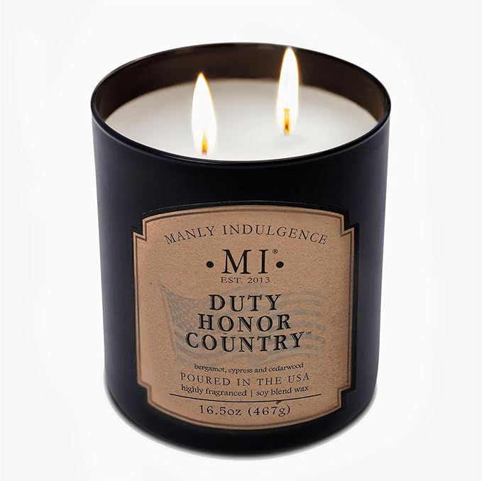 Manly Indulgence Duty Honor Country Scented Jar Candle, 2 Wick, 16.5 oz Premium Soy Blend Wax, 60H Burn, Candles for Home Scented - Made in The USA