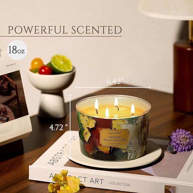 HomeLights 4-Wick Candles for Home Scented - 18oz Soy Wax Blend Candle Long-Lasting Fragrance, Industrial Chic Home Decor and Housewarming Gifts, Fireside Wood & Glow