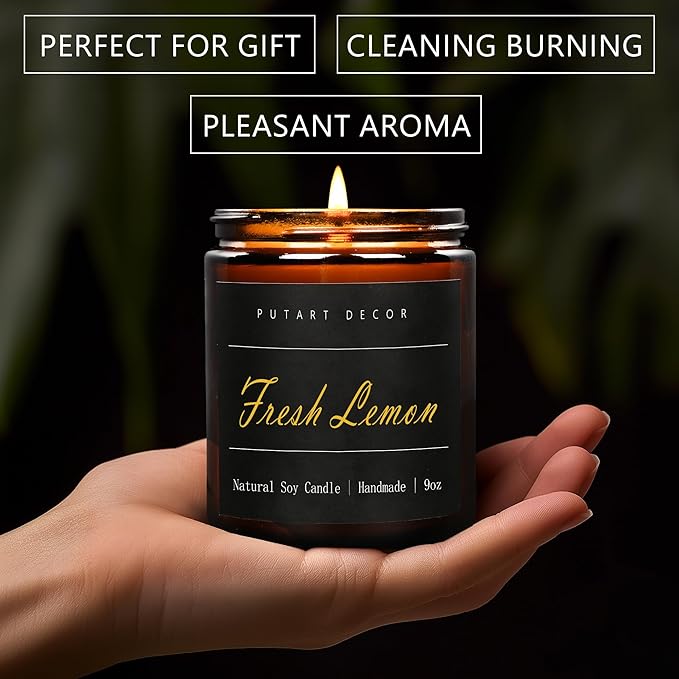 Fresh Lemon Candles for Home Scented, Natural Soy Aromatherapy Non Toxic Candles with Long Lasting Fragrance & Clean Burn, Luxury Jar Candle Gift for Women, Men, Home Decoration 9oz