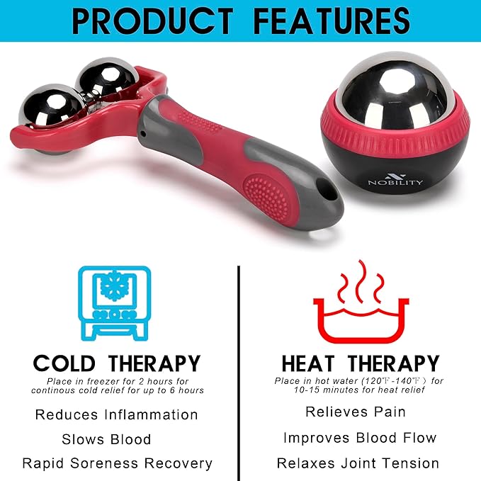 Nobility Massage Ball Roller– Ice Cold and Hot for Deep Tissue and Sore Muscle Relief of Stiffness and Stress, Body, Neck, Back, Foot, Plantar Double Pink