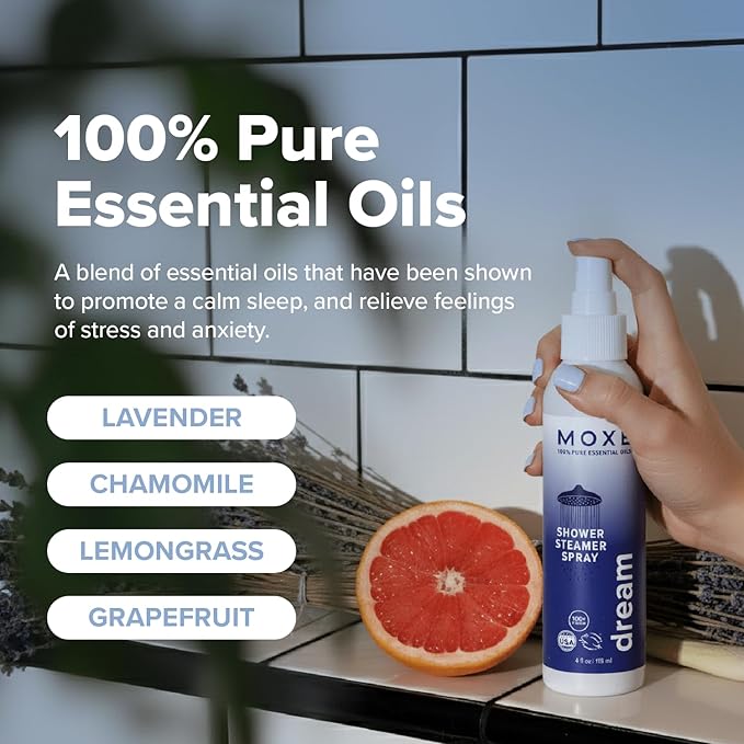 MOXĒ Dream Lavender & Chamomile Shower Steamer Spray, 100% Natural Certified Essential Oils, Bath Relaxation, Made in USA, 4 Ounces (2 Pack)