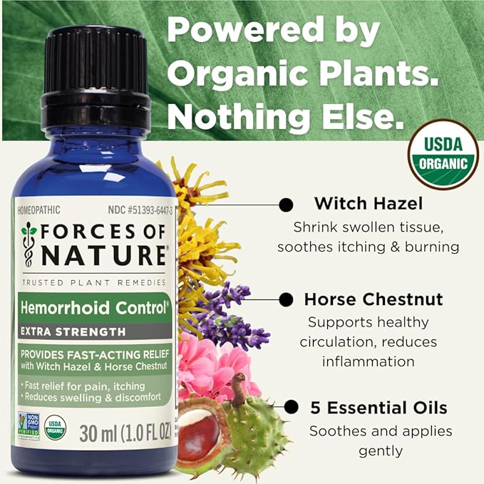 Forces of Nature Hemorrhoid Control Extra Strength, Organic Homeopathic Medicine with Witch Hazel, Horse Chestnut, and Soothing Essential Oils for Itching, Swelling & Discomfort, 1.0 FL OZ
