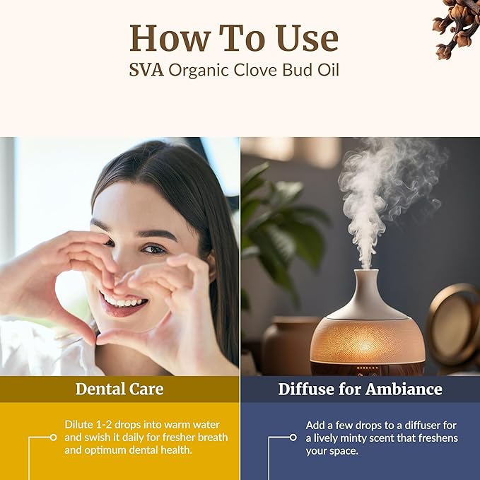 SVA Clove Essential Oil Organic – 4 Fl Oz – 100% Natural Organic Clove Oil - for Diffuser, Hair Care, Face, Skin Care, Aromatherapy, Scalp and Body Massage, Soap and Candle Making - with Dropper