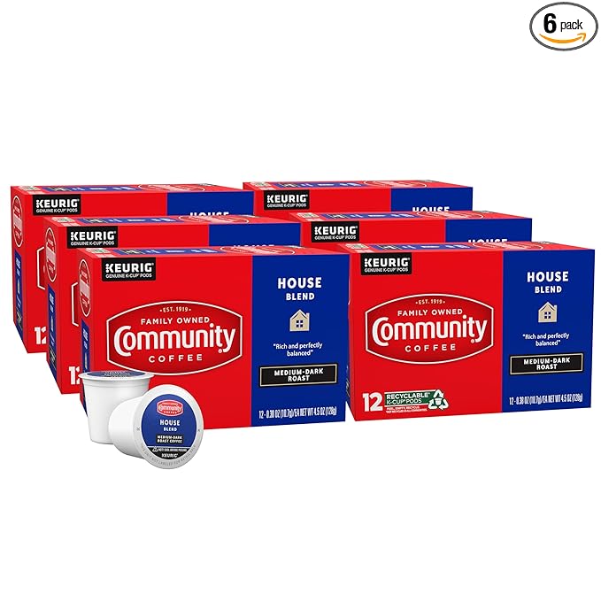 Community Coffee House Blend 72 Count Coffee Pods, Medium Dark Roast, Compatible with Keurig 2.0 K-Cup Brewers, 12 Count (Pack of 6)