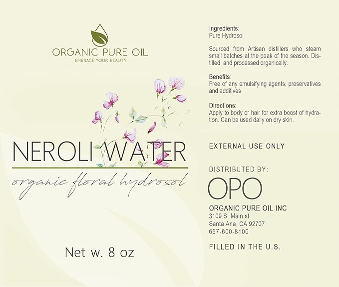 Neroli Water Hydrosol Face Mist Calming 8 oz Spray Toner Aromatherapy Facial Spritz Sprayer Linen Sheets Body Mist Pure Hydrosol Water Hydrating Cleansing Toning Orange Blossom OPO -Packaging May Vary
