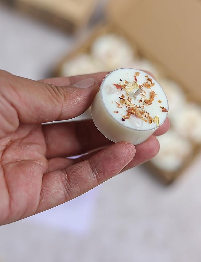 Tealight Candles with Crystals and Herbs, Handmade Energy Candles. (White)