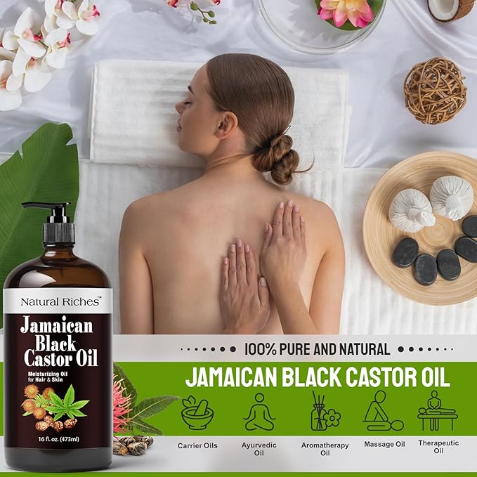 Natural Riches Jamaican Black Castor Oil Glass Bottle Pure Organic Cold Pressed for Hair Growth Skin Care for Dry Skin Conditioning Eyebrows Eyelashes Scalp and Nail Moisturizes & Repairs 16fl.oz.