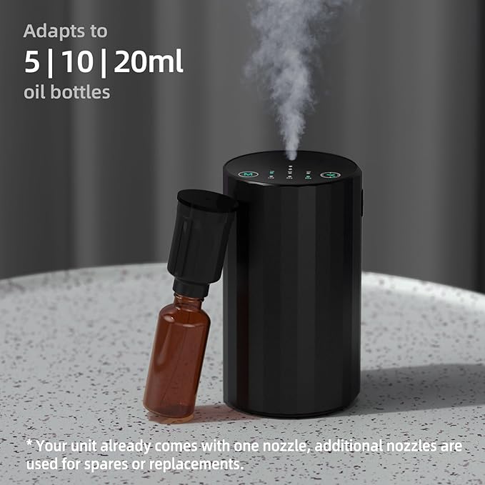 Waterless Essential Oil Diffuser Aromatherapy Scent Diffusers for Home Large Room, Bedroom, Car, Office, Desk, Battery Operated Mini Portable Air Freshener (Black)