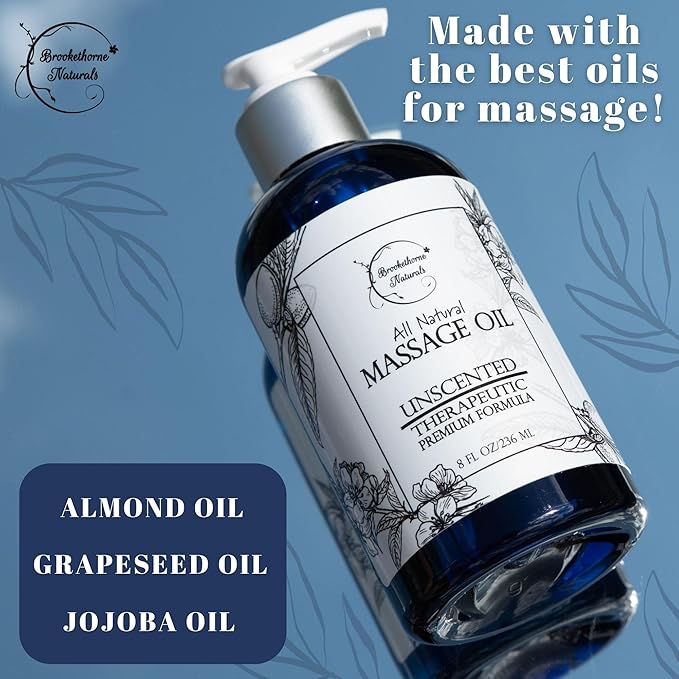 Unscented Massage Oil for Massage Therapy – 100% Natural Body Oil with Sweet Almond, Grapeseed & Jojoba for Premium Glide – Pure Carrier Blend for Aromatherapy – Brookethorne Naturals