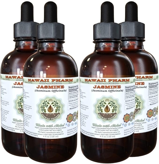 Jasmine Alcohol-Free Liquid Extract, Organic Jasmine (Jasminum officinale) Dried Flower Glycerite Hawaii Pharm Natural Herbal Supplement 4x4 oz