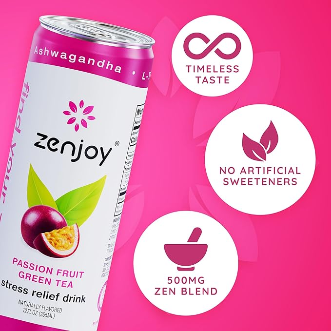 Zenjoy Stress Relief Drink, Calming Green Tea, Non Alcoholic, Ashwagandha & Lemon Balm for Stress Relief, L - Theanine for Focus (12 Pack) (Passion Fruit)