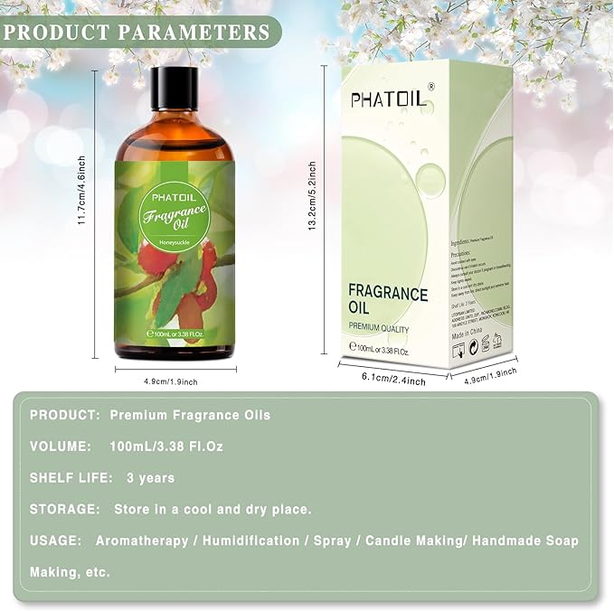 PHATOIL 3.38FL.OZ Honeysuckle Fragrance Oils for Aromatherapy, Essential Oils for Diffusers for Home, Perfect for Diffuser, DIY Candle and Soap Making, DIY Scented Products - 100ml