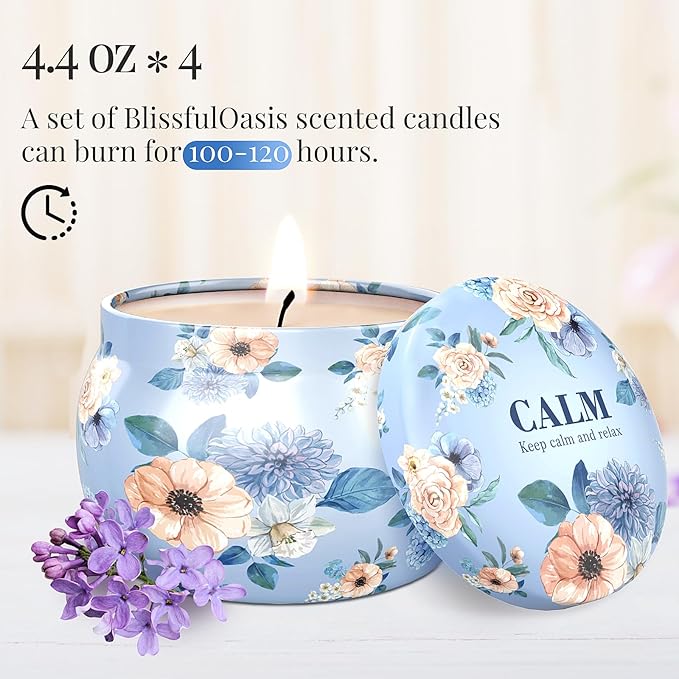 BlissfulOasis Scented Candles Set, 17.6 oz 4 Pack Home Scented Candles, 100-120 Hours Candle Set for Men and Women, Long Lasting Soy Wax Aromatherapy Gift for Birthday, Valentine's Day, Mother's Day