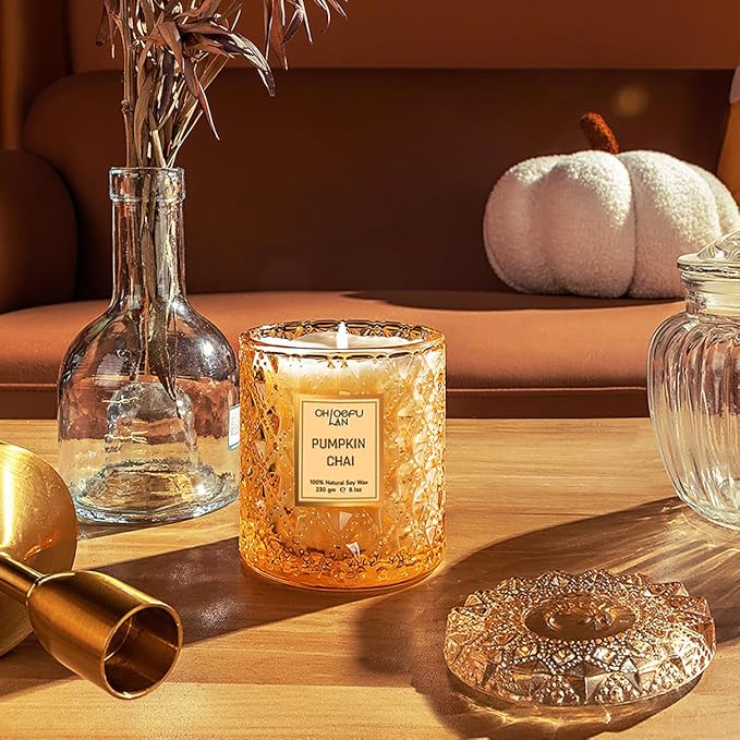 Chloefu LAN Pumpkin Chai Candles Halloween Candle Gift, Farmhouse Candles for Home, Luxury Scented Soy Jar Fall Candle with up to 55 Hour Long Lasting, Home Decor, Barn Fall Decor Pottery, 8.1oz