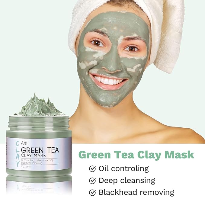 ANAI RUI 3 Pcs Face Mask Set - Turmeric Clay Mask - Green Tea Face Mask - Dead Sea Mud Mask for Oily Skin, Blackheads & Pores Spa Gift Set Self Care Valentines Day Gifts for Women(2.5 oz Each