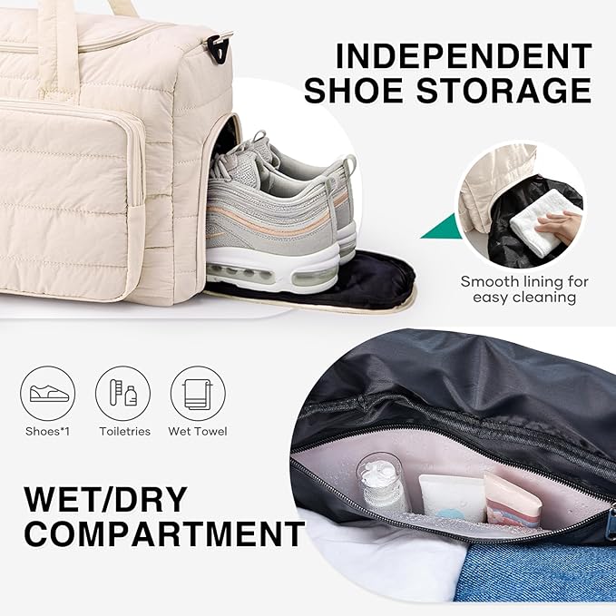 Quilted Gym Bag for Women, Cute Travel Duffel Bag with Shoe Compartment & Wet Pocket, Lightweight Puffer Weekender Overnight Bag, Travel Carry On for Sport, Hospital, Yoga