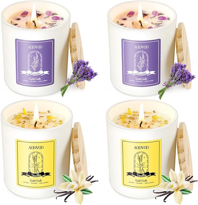 AOOVOO Lavender Candles Set for Women - 4 Pack Candles for Home Scented, 28 oz 200 Hour Long Lasting Aromatherapy Candle with Crystals Inside, Birthday Gifts Christmas Candle for Women Mom