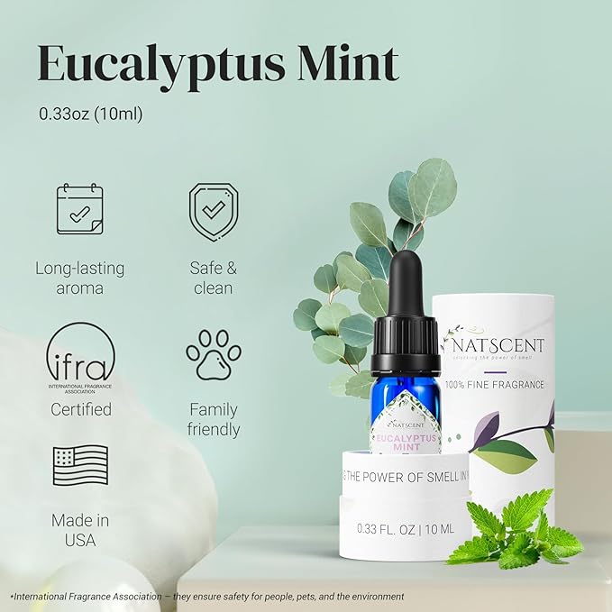 Eucalyptus Mint Essential Oils for Diffusers for Home,Nature-based Eucalyptus Essential Oil, Long-lasting & Family-friendly Diffuser Oils Scents, IFRA Certified, Cold Air & Ultrasonic-0.33 oz
