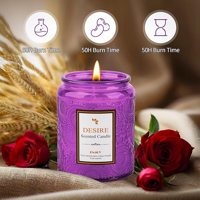 Aroma Lavender Jar Candle - 100% Natural Soy Wax - 50-Hour Burn Time | 7.5oz Soy Wax Candles | Long-Lasting | Stress Relief | Fresh Home Fragrance | Gift Set for Women (Purple Glass Bottle)
