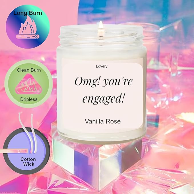 OMG! You're Engaged, Vanilla Rose Scented Soy Wax Candle, Engagement Gift, 9oz Clear Jar, 50 Hour Burn Time, fiancé Gifts for Women, Engagement Gifts for Couples